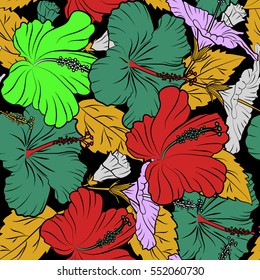 Seamless pattern on black background. Vector hand drawn painting of hibiscus flowers in red, green and yellow colors.