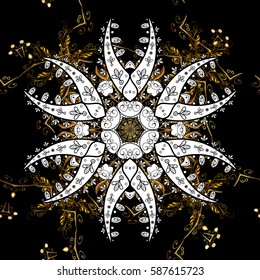 Seamless pattern on black background with golden elements. Openwork delicate golden pattern. Brilliant lace, stylized flowers, paisley. Vector oriental style arabesques. Seamless golden texture curls.