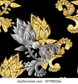 Seamless pattern on black background with golden elements and with gray doodles. Seamless Golden pattern. Vector oriental ornament.