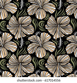Seamless pattern on black background. Vector hand drawn painting of hibiscus flowers in beige and brown colors.