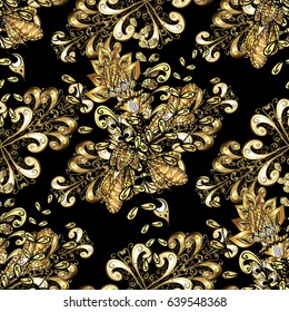 Seamless pattern on black background with golden elements. Openwork delicate golden pattern. Brilliant lace, stylized flowers, paisley. Vector. Oriental style arabesques. Seamless golden texture curls