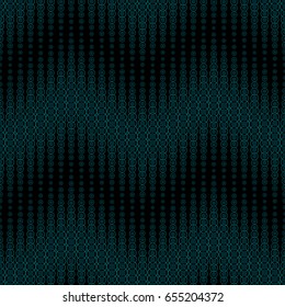Seamless pattern on black background. Has the shape of a wave. Consists of geometric elements of round shape in blue. Useful as design element for texture and artistic compositions.