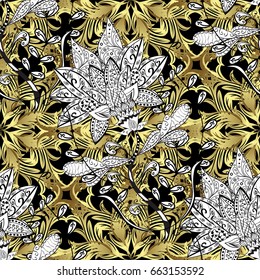 Seamless pattern on black background with golden elements and with white doodles. Seamless Golden pattern. Vector oriental ornament.