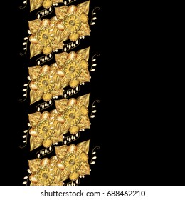 Seamless pattern on black background with golden elements. 