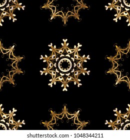 Seamless pattern on black, brown and yellow colors with golden elements. Vector illustration. Traditional orient ornament. Classic vintage background. Seamless classic vector golden pattern.