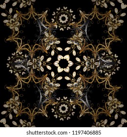 Seamless pattern on black, brown and gray colors. Vector golden seamless pattern. Golden elements in oriental style arabesques. Seamless golden textured curls.