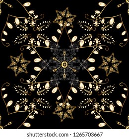 Seamless pattern on black and brown colors with golden elements. Traditional orient ornament. Seamless classic vector golden pattern. Classic vintage background.