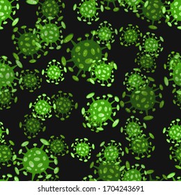 Seamless pattern on black. Cartoon concept coronavirus COVID-19 nCov 2019 virus vector illustration