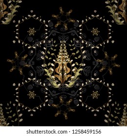 Seamless pattern on black colors with golden elements. Classic vector golden seamless pattern. Classic vintage background. Traditional orient ornament.