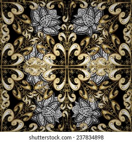 Seamless pattern on black colors with golden elements. Openwork delicate golden pattern. Seamless golden texture curls. Vector oriental style arabesques. Brilliant lace, stylized flowers, paisley.