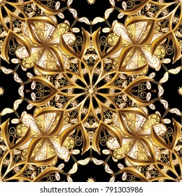 Seamless pattern on black colors with golden elements. Classic vector golden seamless pattern. Classic vintage background. Traditional orient ornament.