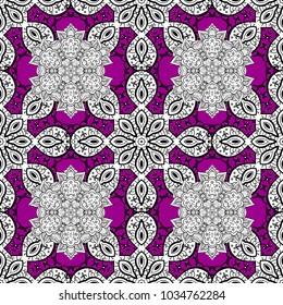Seamless pattern on black and purple colors with white elements. Vector oriental style arabesques. Seamless golden texture curls. Openwork pattern. Brilliant lace, stylized flowers, paisley.