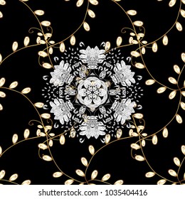 Seamless pattern on black, white and yellow colors with golden elements and white doodles. Seamless classic vector golden pattern. Classic vintage background. Traditional orient ornament.