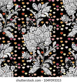 Seamless pattern on black, white and gray colors with cute elements. Seamless classic vector cute pattern. Traditional orient ornament, classic vintage background.