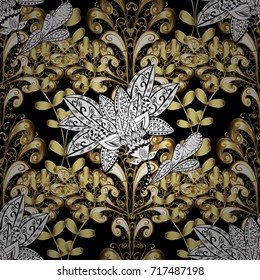 Seamless pattern on black, white and yellow colors with golden elements. Openwork delicate golden pattern. Vector oriental style arabesques. Seamless golden texture curls.