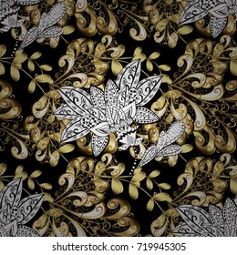 Seamless pattern on black, white and brown colors with golden elements and with white doodles. Seamless Golden pattern. Vector oriental ornament.