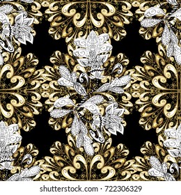 Seamless pattern on black, white and beige colors with golden elements. Traditional orient ornament. Seamless classic vector golden pattern. Classic vintage background. Vector illustration.