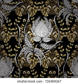 Seamless pattern on black, white and gray colors with golden elements. Seamless classic vector golden pattern. Traditional orient ornament, classic vintage background.