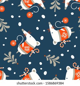 Seamless pattern on blue background. A mouse in a dark sweater with a striped Lollipop. Vector illustration.