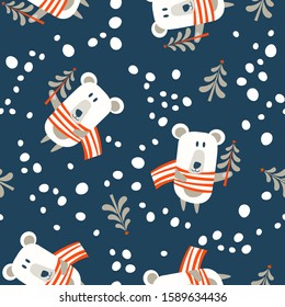 Seamless pattern on blue background. Bear in a striped scarf, holding in the paw of the Christmas tree. Vector illustration.