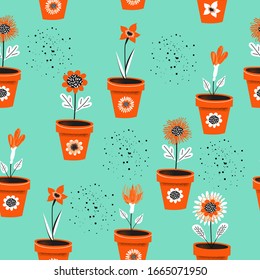 Seamless pattern on a blue background. Flower pot.