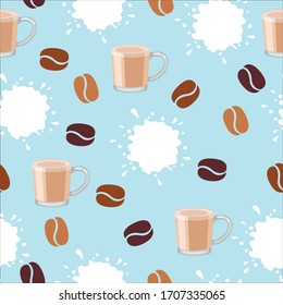 seamless pattern on a blue background a cup of coffee with milk three coffee beans and a puddle of milk