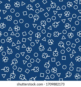 Seamless pattern on a blue background. Clover and geometric shapes. Design for fabric, packaging, papers. Vector illustration