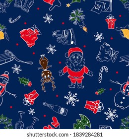Seamless pattern on a blue background with Santa Claus with deer, skates and other Christmas things