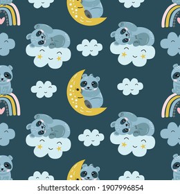 Seamless pattern on a blue background, in vector graphics - cute panda , clouds, moon. For decorating wallpaper, textiles, covers, prints for wrapping paper, clothing, bags, packaging.