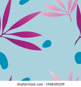 Seamless pattern on blue background tropical leaves with water drops. Leaves in a pink-purple gradient.