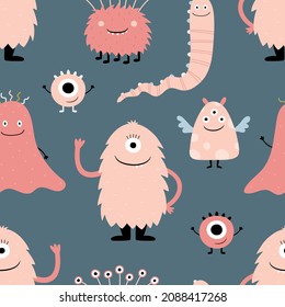 Seamless pattern on a blue background. Cute funny monsters. Cartoon pink characters. Vector kid's illustration