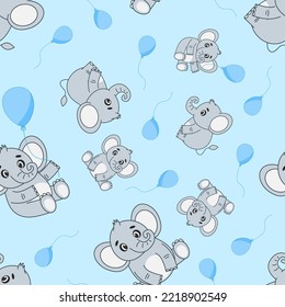 seamless pattern on a blue background elephant with a balloon
