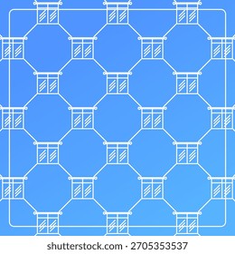 Padrão contínuo em um plano de fundo azul com ícones de janela. Design de linha para cartazes, mídias sociais e modelos de banner.