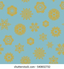Seamless pattern on blue background. Vector snowflakes winter New Year frame.