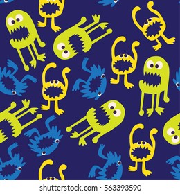 seamless pattern on a blue background with multi-colored monsters. For boys and girls.