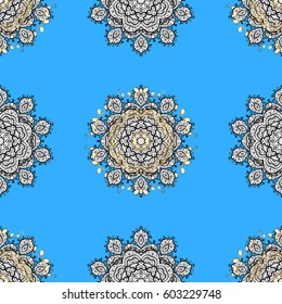 Seamless pattern on blue background with golden elements. Vector illustration. Traditional orient ornament.