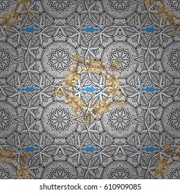 Seamless pattern on blue background with golden elements and grey doodles. Traditional orient ornament. Seamless classic vector golden pattern. Classic vintage background.