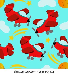 seamless pattern on blue starry sky children color airplane planet cloud