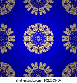 Seamless pattern on blue, white and yellow colors with golden elements. Classic vintage background. Vector illustration. Traditional orient ornament. Seamless classic vector golden pattern.