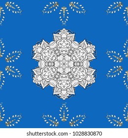 Seamless pattern on blue, white and black colors with golden elements and white doodles. Classic vintage background. Traditional orient ornament. Seamless classic vector golden pattern.