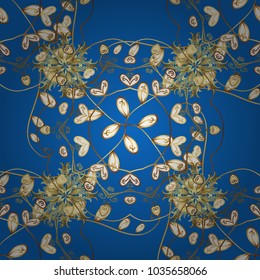Seamless pattern on blue, yellow and brown colors with golden elements. Classic vector golden seamless pattern. Classic vintage background. Traditional orient ornament.