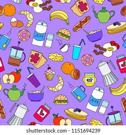 Seamless pattern on Breakfast and food theme, simple color icons on purple background