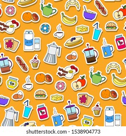 Seamless pattern on Breakfast and food theme, simple color sticker icons on an orange background