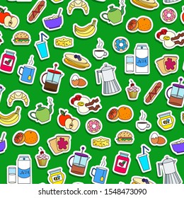 Seamless pattern on Breakfast and food theme, simple color sticker icons on a green background