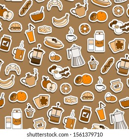 Seamless pattern on Breakfast and food theme, simple sticker icons on a brown background, sepia