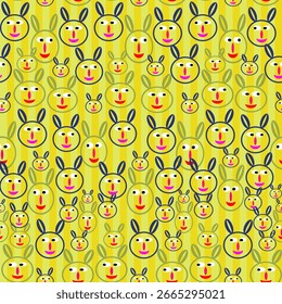 Modelo inconsútil en el fondo rayado amarillo brillante, diseño juguetón del conejo para las telas de los niños, el Fondo de pantalla, y el papel de envoltura.