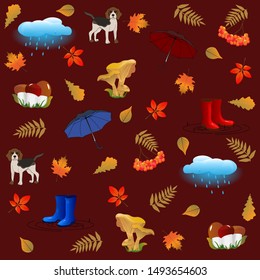 Seamless pattern on a brown background with autumn leaves, boots, mountain ash, mashrooms, umbrellas and rain. Wet autumn. Vector illustration