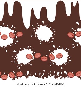 seamless pattern on a brown background drips splashes of milk puddle and coffee beans