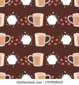 seamless pattern on brown background with coffee beans, milk and coffee.