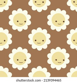 Seamless Pattern On A Brown Background White Chamomile Flower With A Cute Smiling Muzzle. Drawing In Simple Doodle Graphic Style, Vector Illustration, Great For Wrapping Paper, Textile, Wallpaper